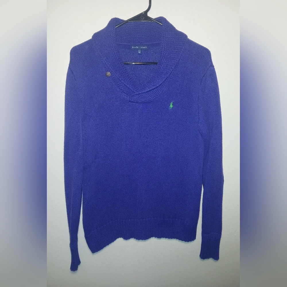 RALPH LAUREN PURPLE Size Large-SHAWL COLLAR SWEATER-100% COTTON CHEST LOGO